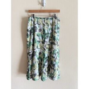 JM Collection Womens Green White Leaf Print 100% Linen A-Line Midi Skirt Size 10